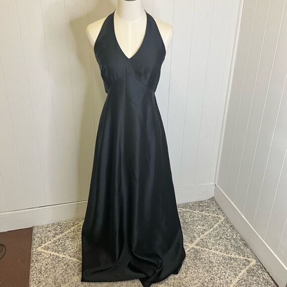 Ann Taylor Womens 6 Satin Evening Maxi Dress Black Halter Neck Open Back Zips - Picture 1 of 15